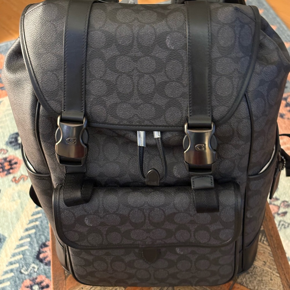 Coach Black Monogram Backpack with Leather Accents